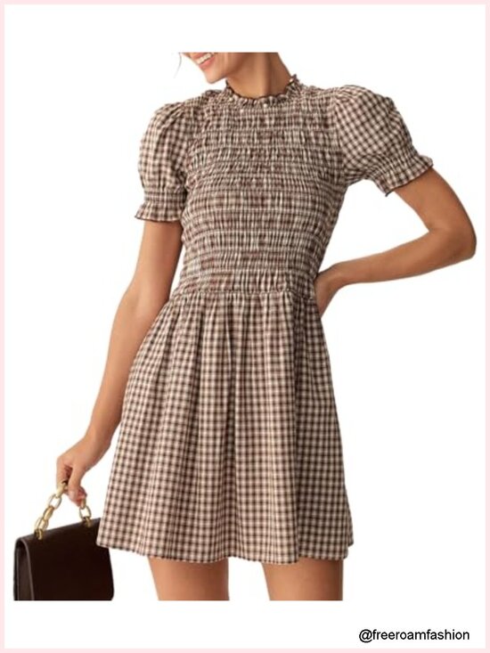 Dresses & Skirts - 100% Cotton Smocked Midi Dress with Ruffle Puff Sleeves, Casual & Versatile